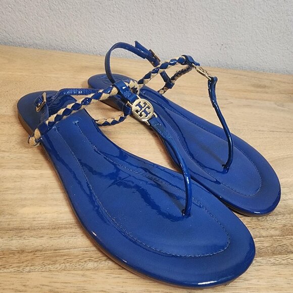 Tory Burch Sandals Womens Size 8 Blue Patent Leather Braided Thong Gold Logo - Picture 9 of 14